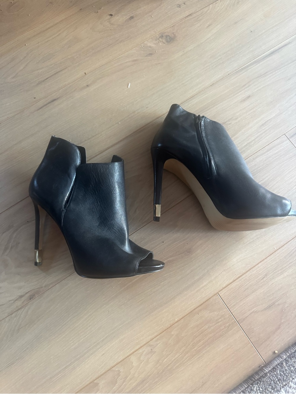Guess Black Leather Peep-Toe Stiletto Ankle Booties